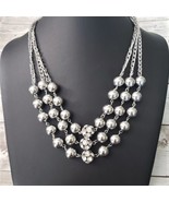 Vintage Necklace - Mirrored Silver Tone Balls and Clear Gems Layered Sta... - £11.79 GBP