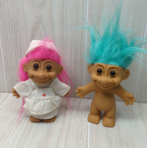 Russ Berrie vintage troll dolls pink hair nurse green hair nude lot 2 RE... - $9.89