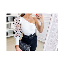  One Shoulder Black &amp; White Blouse   Puff Sleeve Formal Shirt Top Polka Dot - £30.53 GBP