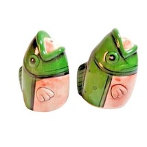 Fish Salt and Pepper Shakers Ceramic Green Pink Rubber Stopper 2.5-inch Tall - £10.97 GBP