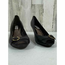 Steve Madden Bezle Pump Size 10M Black Leather Peep Toe Goldtone Buckle ... - £16.31 GBP