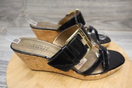Franco Sarto Shoe Womens 9.5 M Taxi Black Cork Wedge Peep Toe Strappy Heels - £20.08 GBP