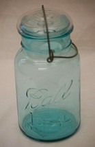 Vintage 1 Qt Blue Ball Ideal Mason Glass Canning Jar w Wire Bail Clear Glass Lid - £21.35 GBP