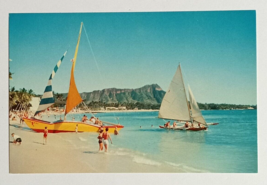 Waikiki Beach Catamarans Sailboats Palm Trees Hawaii HI Koppel Postcard ... - $7.99