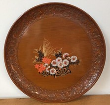 Vtg Japanese Floral Fan Round Plastic Wood Grain Lacquerware Serving Tra... - £23.69 GBP