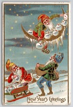 New Year Greeting Gnomes On Crescent Moon Money Bags Chimney Gilt Postcard A46 - £10.20 GBP