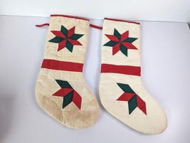 Rare Vintage Quilted Christmas Stockings Poinsettia  Star Flower Holiday Stained - £51.26 GBP