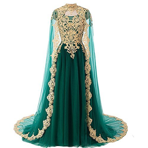 Plus Size Gold Lace Long Prom Dress Evening Gowns with Cape Emerald Green US 16W