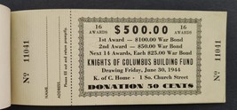 1944 Vintage Knights Of Columbus Unused Raffle Tickets Schenectady Ny 201 - £37.95 GBP