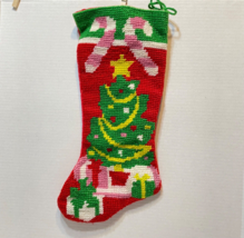 Vintage Handmade Needlepoint Christmas Stocking Tree and Candy Canes 17&quot; - £19.67 GBP