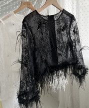 BLACK Feather Lace Top Outfit Women Plus Size Lace Top w. Feather Trim on Sleeve image 1