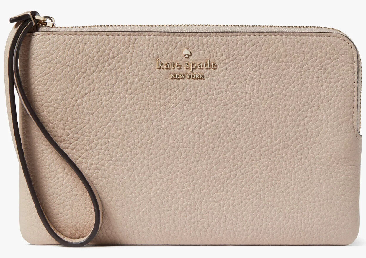Kate Spade Leila Medium L-Zip Wristlet Beige Leather Wallet KE933 NWT $139 MSRP