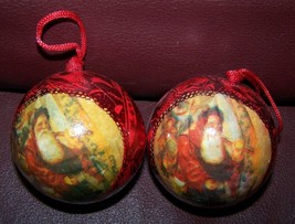 Vintage Handmade Set of 2 STYROFOAM BALL DECOUPAGE Ornaments - SANTA w/SACK - £7.96 GBP