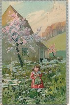 Vintage Postcard Easter Girl Farm House Pink Flowering Tree 1913 Raphael Tuck - £7.11 GBP