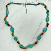 Faux Turquoise and Red Beaded Gold Tone Necklace - £5.47 GBP