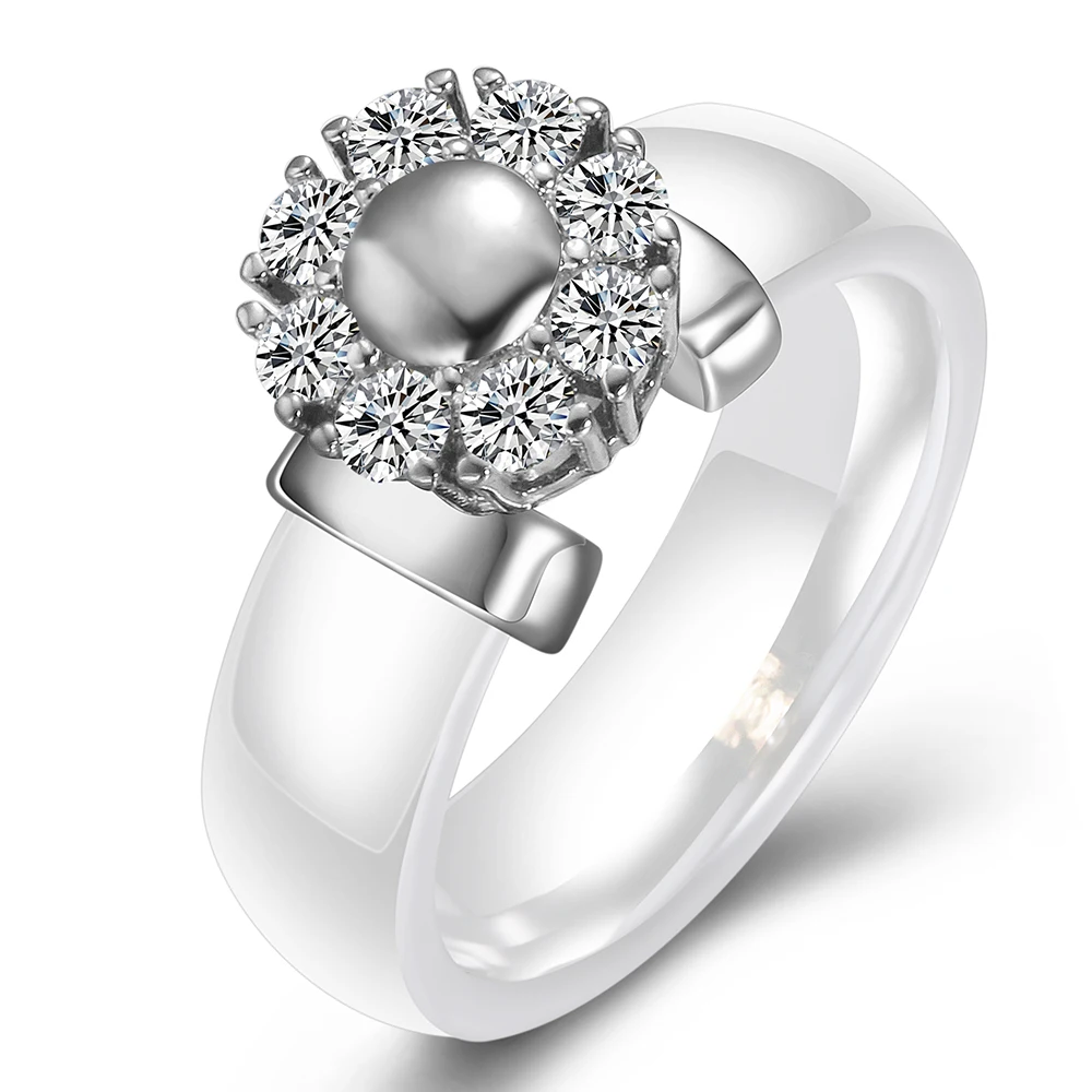 Black&amp;White Ceramic Rings For Women Cubic Zircon Stainless Steel Engagement Wedd - £12.71 GBP