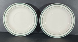 Vintage STONEWARE SAUCERS MCM White with Green Stripes Set of 2 6 1/4&quot; - £9.02 GBP