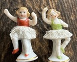 Rare 2&quot; Tall Miniature Antique Dresden Lace Ballerinas Mini Porcelain Vi... - $44.55