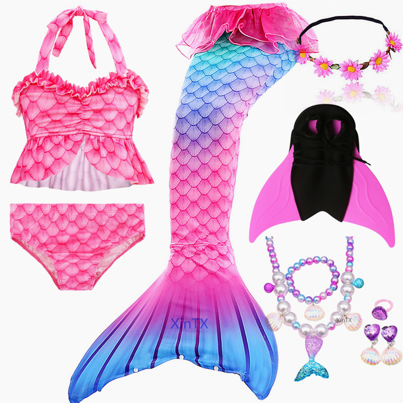 NEW!Kids Pink Girls Mermaid Tail Holiday Costume Bathing With Fin Suit Pearl set