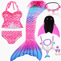 NEW!Kids Pink Girls Mermaid Tail Holiday Costume Bathing With Fin Suit Pearl set - £28.31 GBP