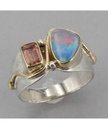 Michou Handcrafted Sterling &amp; 22K Gold Vermeil Opal &amp; Tourmaline Ring Si... - £70.76 GBP