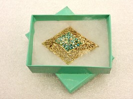 Gold Tone Brooch, Diamond Shape w/Turquoise Gemstones, Vintage Fashion, ... - $9.75