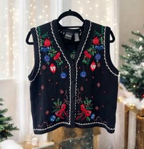 Vintage ERIKA Christmas Sweater Womens Large Knitted Vest Sequins Ornaments - £22.20 GBP