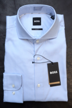 HUGO BOSS Uomo Hank Spread Slim Fit Blu Pastello Cotone Camicia 37 14.5 - £50.38 GBP