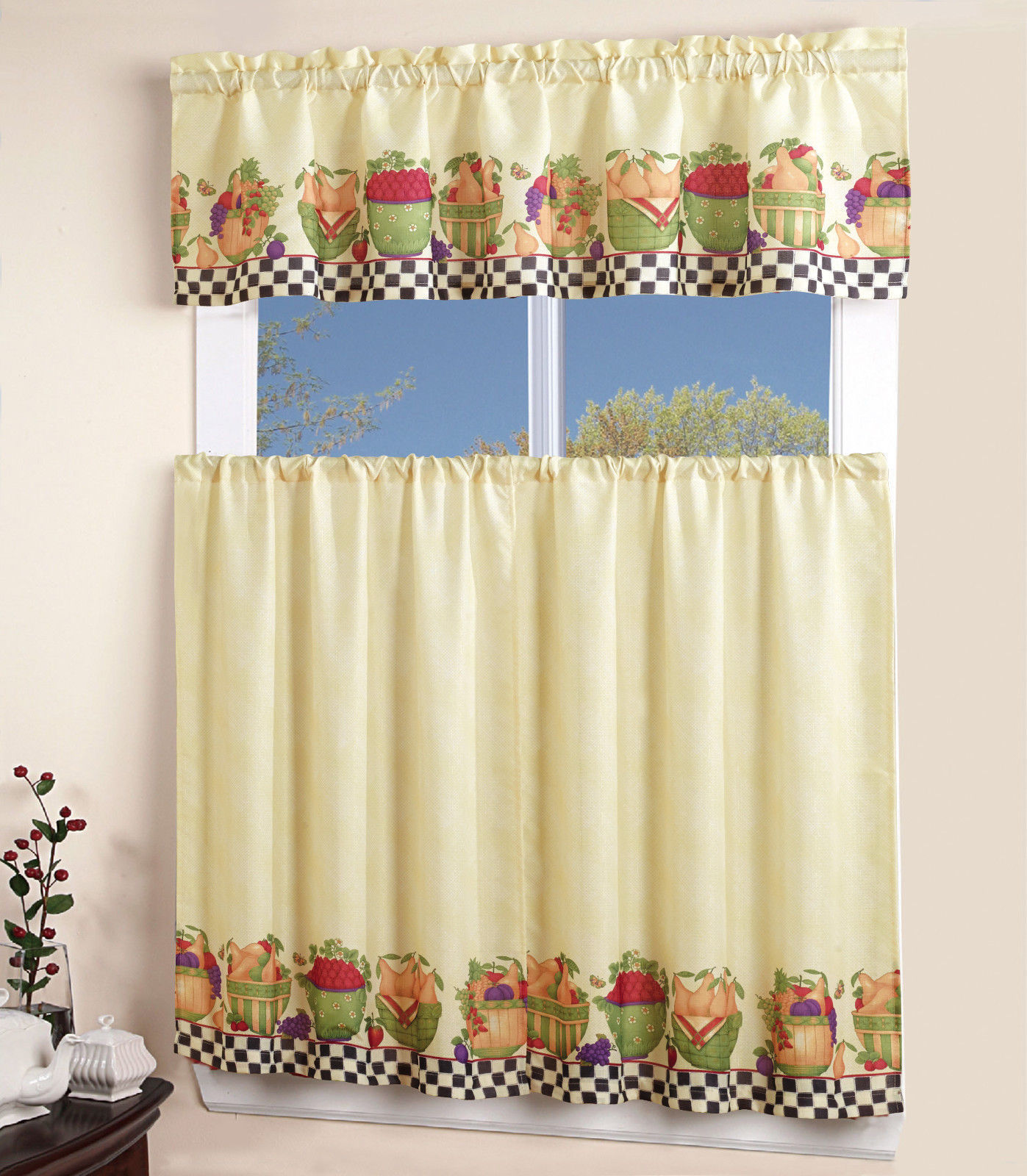 Primary image for 3PC ROD POCKET KITCHEN WINDOW CURTAIN 2 TIERS + 1 TAILORED VALANCE SET - FRUIT