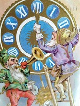 New Years Postcard  Dwarfs Gnomes Elves Sun Dial Clock Vintage Original Embossed - £16.44 GBP