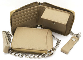 Bifold Beige Genuine Leather Scale Texture Zip-Around Wallet with a Chain - $19.79