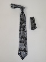 Mens Narrow Tie/Hankie Set Woven Vito Rofolo VTR-109 Black White Paisley image 2