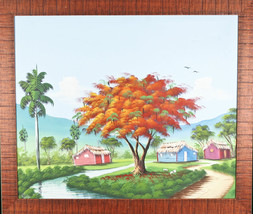 Untitled (Red Tree and Three Barns) Framed Acrylic Painting 23&quot;x27&quot; - £118.61 GBP