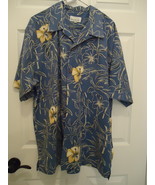 HH13 Hawaiian Tropical Bill Blass Shirt Blue Hibiscus XL 46 SOFT Polyester - £8.79 GBP