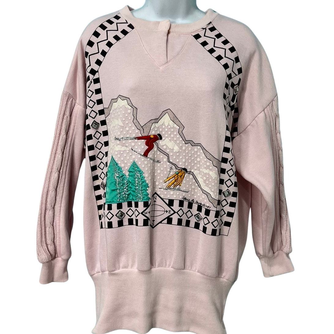 Vintage 80s Baby Pink Mixed Media Skiing Winter Sweatshirt Crew Neck Size L - $35.26