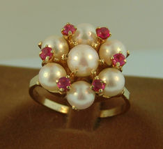 14K Yellow Gold Over 3D Pearl Ruby Engagement Wedding Cluster Ring For Gift - £87.54 GBP