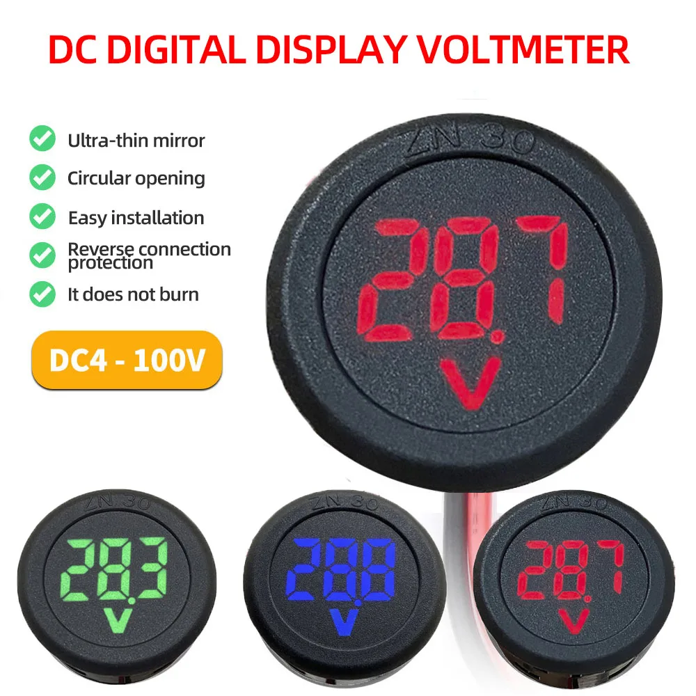 DC 4-100V LED Digital Display Round Two-wire Voltmeter DC Digital Car Voltage Me - $50.34