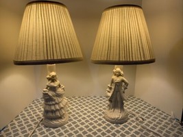 Colonial Victorian Lady Gentleman Side Table Lamps White Ceramic Cream Ware - $79.19