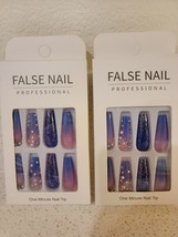 2 BOXES~24~PressOn False Nail Professional Long Coffin Blue Sparkle Faux... - £7.80 GBP