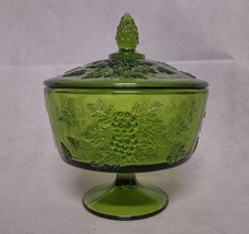 RARE L E Smith Vintage Emerald Green Grape Candy Dish Pedestal Footed with Lid - $38.95