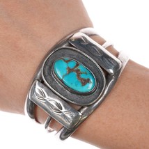 6&quot; 50&#39;s-60&#39;s Navajo sterling cuff bracelet with turquoise - £238.92 GBP