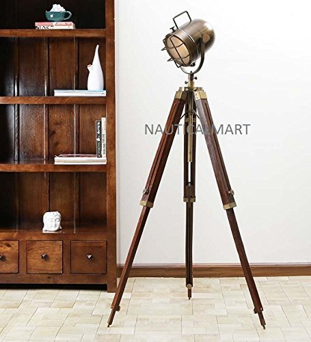 NauticalMart Floor Standing Antique Brown Sheesham Wood Tripod Floor Lamp