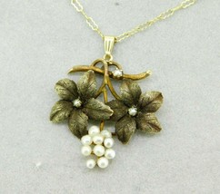 10k Yellow Gold Victorian Leaf Flower Pearl Pendant (#J4549) - £425.71 GBP