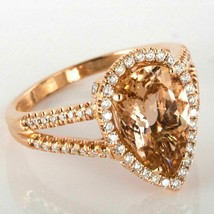 3 Carato Pera Forma Halo Pesca Morganite Diamante Fidanzamento Anello 14k Rosa - £1,334.76 GBP