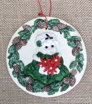 Silvestri Cat In Dress With Poinsettia Holly Wreath Round Ornament Christmas  - £7.16 GBP