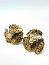 Vintage Damascene Spain Faux Pearl Clip on Earrings - £11.67 GBP