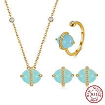 925 Sterling Silver Aquamarine Jewelry Set Gold Plated Gemstone Earrings Necklac - £56.65 GBP