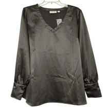 Belle By Kim Gravel Womens Top Large Black Satin V Neck Long Sleeve Tuni... - $21.66