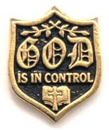 Religious Shield Pin God Is In Control Christian Black Gold Bible Cross ... - $13.60 CAD