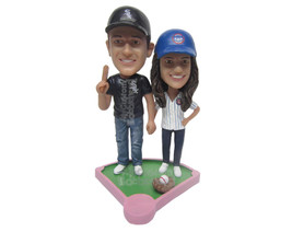Custom Bobblehead Couple Dressed Up As Baseball Players With The Guy Holding Bat - £119.61 GBP